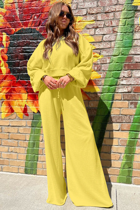 Banded Hem Crop Drop Shoulder Bubble Sleeve Pullover Drawstring Side Slit Wide Leg Pant Set
