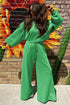 Banded Hem Crop Drop Shoulder Bubble Sleeve Pullover Drawstring Side Slit Wide Leg Pant Set