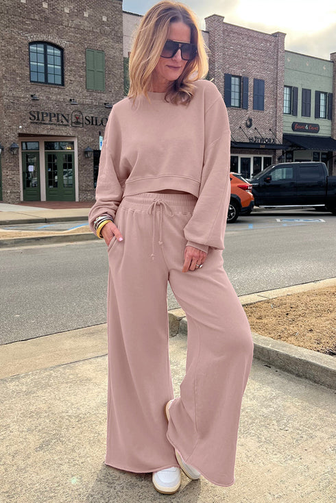 Banded Hem Crop Drop Shoulder Bubble Sleeve Pullover Drawstring Side Slit Wide Leg Pant Set