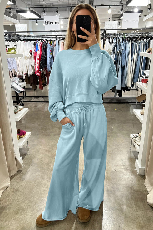 Banded Hem Crop Drop Shoulder Bubble Sleeve Pullover Drawstring Side Slit Wide Leg Pant Set