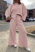 Banded Hem Crop Drop Shoulder Bubble Sleeve Pullover Drawstring Side Slit Wide Leg Pant Set