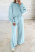 Banded Hem Crop Drop Shoulder Bubble Sleeve Pullover Drawstring Side Slit Wide Leg Pant Set