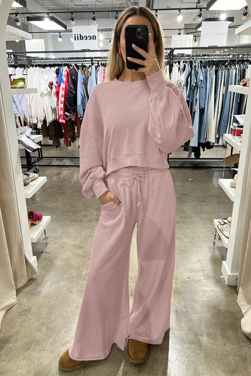 Banded Hem Crop Drop Shoulder Bubble Sleeve Pullover Drawstring Side Slit Wide Leg Pant Set