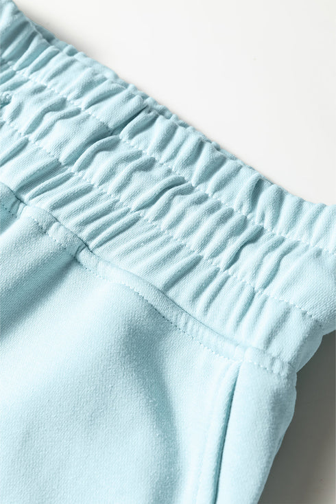 Banded Hem Crop Drop Shoulder Bubble Sleeve Pullover Drawstring Side Slit Wide Leg Pant Set