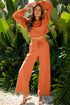 Banded Hem Crop Drop Shoulder Bubble Sleeve Pullover Drawstring Side Slit Wide Leg Pant Set