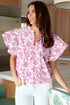 Baroque Floral Flutter Sleeve Split Neck Tie Detail Blouse