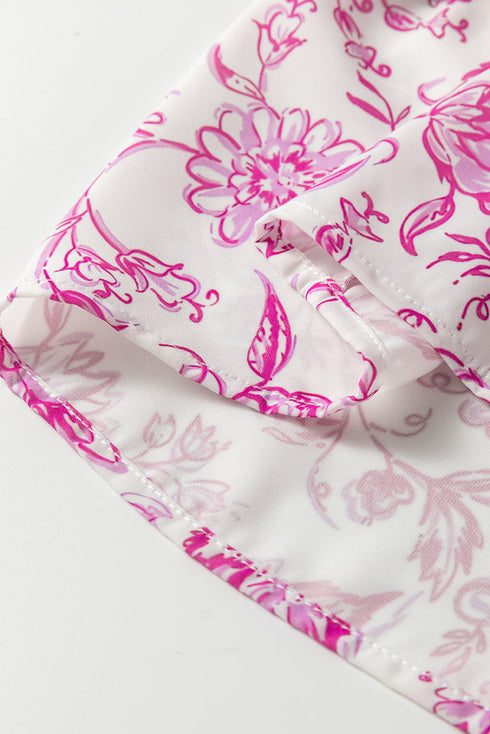 Baroque Floral Print Split Neck Ruffle Sleeve Blouse
