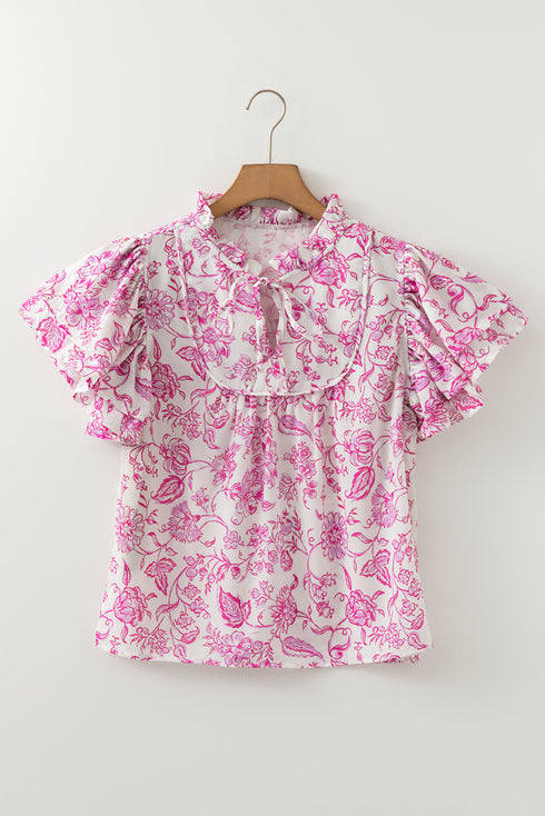 Baroque Floral Print Split Neck Ruffle Sleeve Blouse