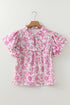 Baroque Floral Print Split Neck Ruffle Sleeve Blouse