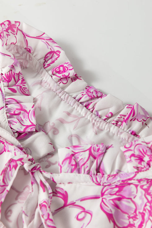 Baroque Floral Print Split Neck Ruffle Sleeve Blouse