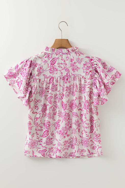 Baroque Floral Print Split Neck Ruffle Sleeve Blouse
