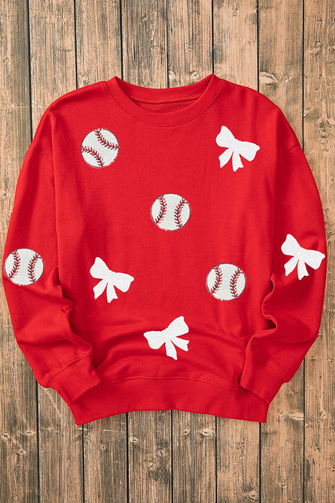 Baseball And Bow Appliqué Crewneck Sweatshirt