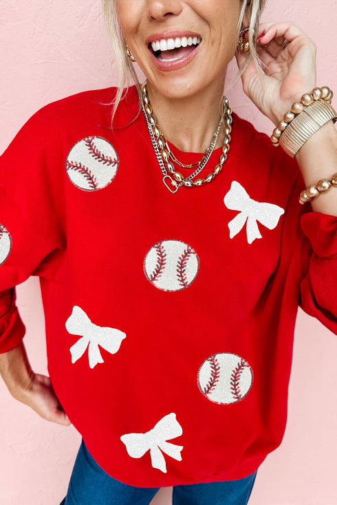 Baseball And Bow Appliqué Crewneck Sweatshirt