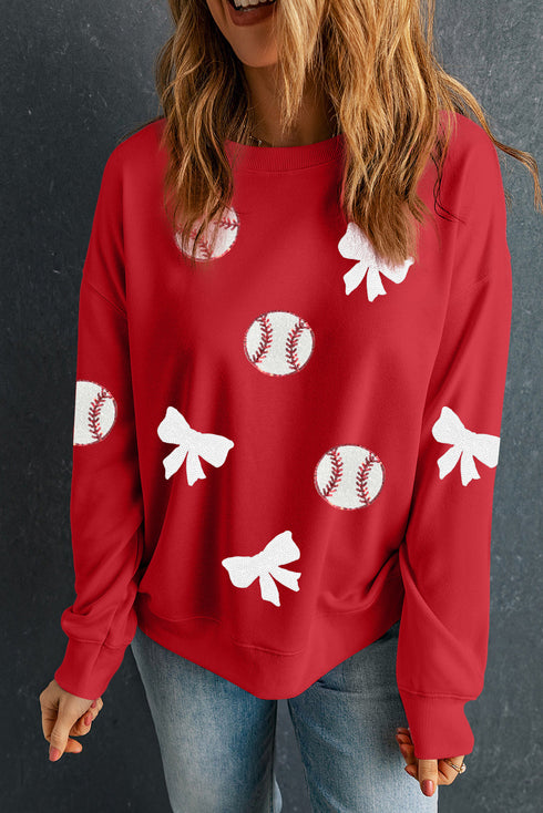 Baseball And Bow Appliqué Crewneck Sweatshirt