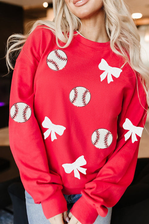 Baseball And Bow Appliqué Crewneck Sweatshirt
