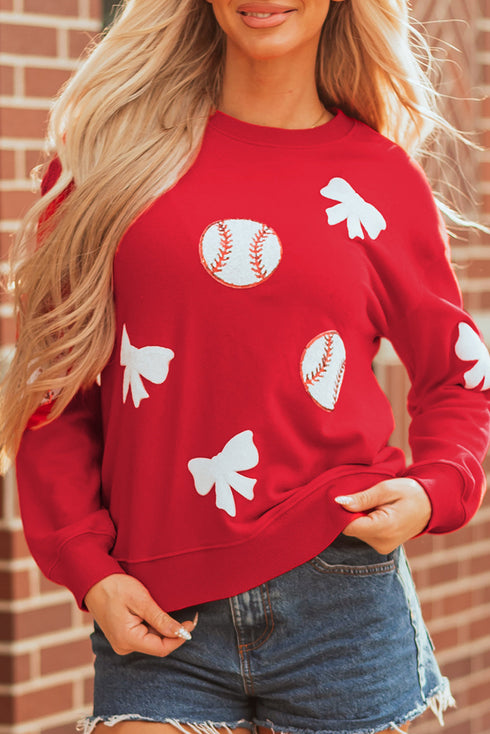 Baseball And Bow Appliqué Crewneck Sweatshirt