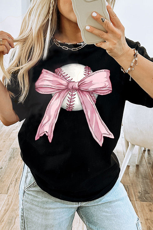 Baseball Bow Graphic Print Round Neck Short Sleeve Tee