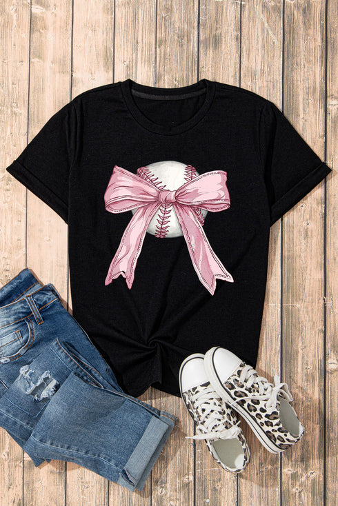 Baseball Bow Graphic Print Round Neck Short Sleeve Tee