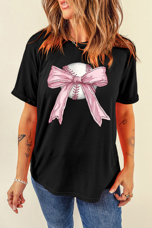 Baseball Bow Graphic Print Round Neck Short Sleeve Tee