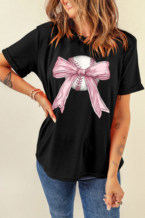 Baseball Bow Graphic Print Round Neck Short Sleeve Tee