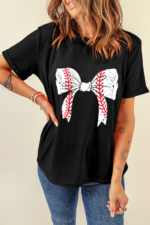 Baseball Bow Graphic Print Short Sleeve Tee