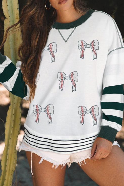Baseball Stitch Bow Graphic Striped Sleeve Sweatshirt