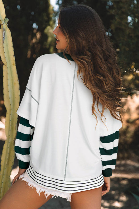 Baseball Stitch Bow Graphic Striped Sleeve Sweatshirt