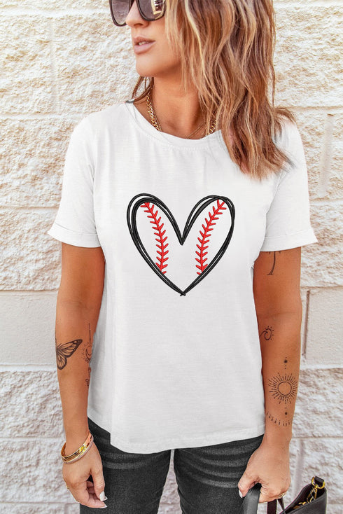 Baseball Stitches Heart Graphic Embroidered Game Day Tee Shirt