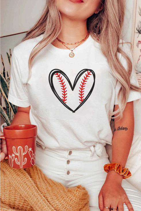 Baseball Stitches Heart Graphic Embroidered Game Day Tee Shirt