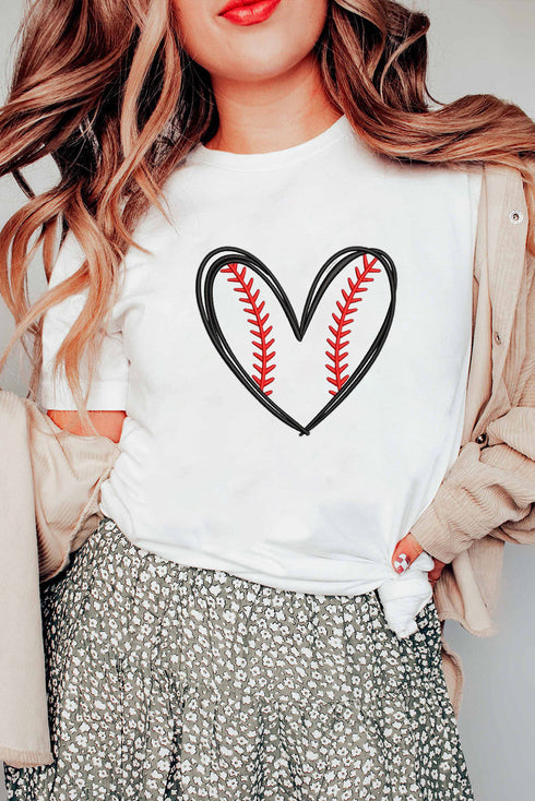 Baseball Stitches Heart Graphic Embroidered Game Day Tee Shirt