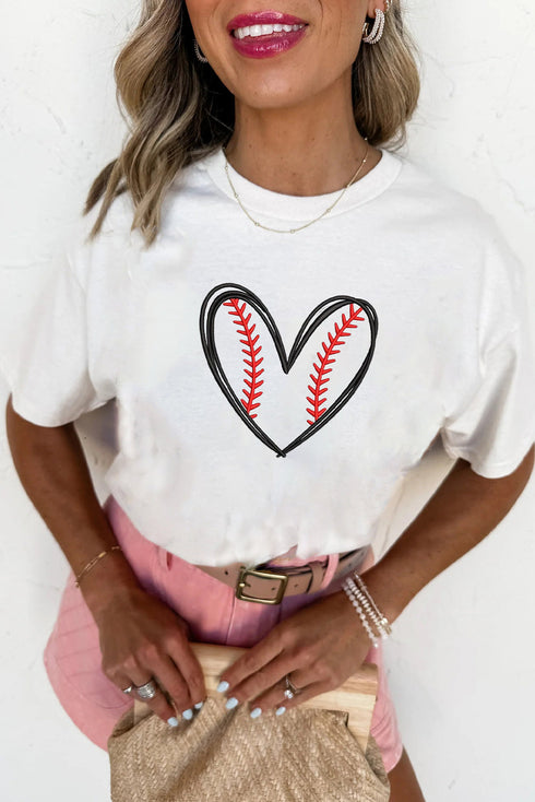 Baseball Stitches Heart Graphic Embroidered Game Day Tee Shirt