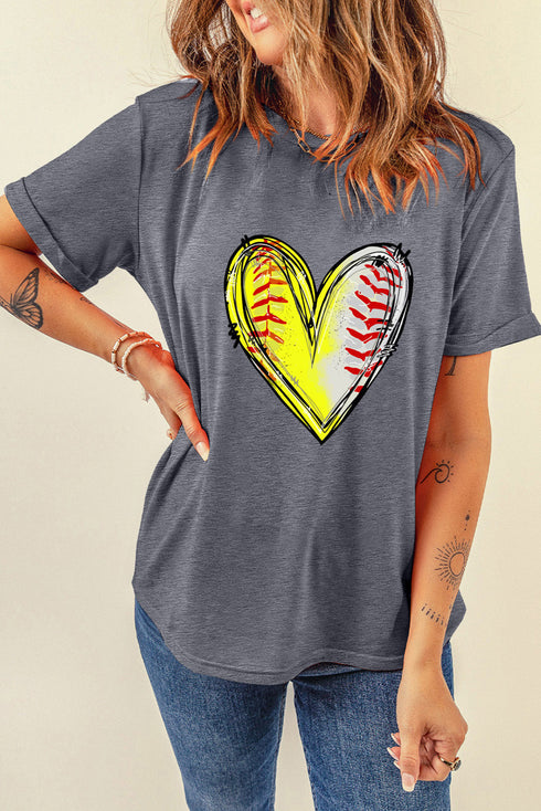 Baseball Stitching Heart Graphic Crew Neck Short Sleeve Tee