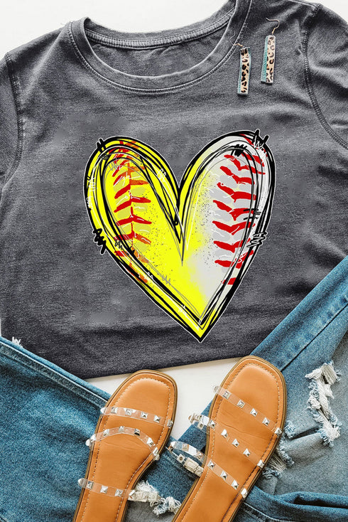 Baseball Stitching Heart Graphic Crew Neck Short Sleeve Tee