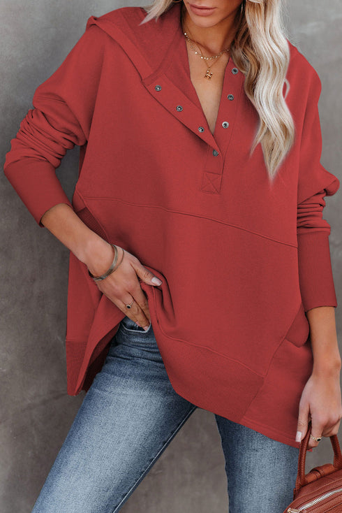 Batwing Sleeve Pocketed Henley Hoodie