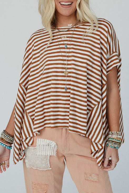 Batwing Sleeve Stripe Crewneck Oversized Cotton Top