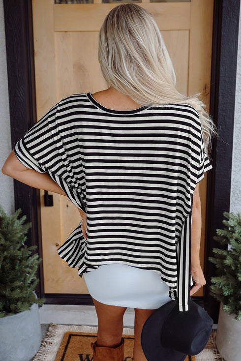 Batwing Sleeve Stripe Crewneck Oversized Cotton Top