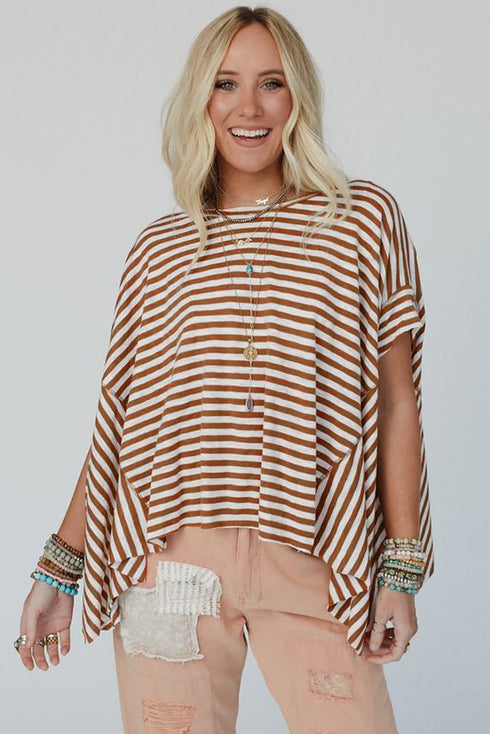 Batwing Sleeve Stripe Crewneck Oversized Cotton Top