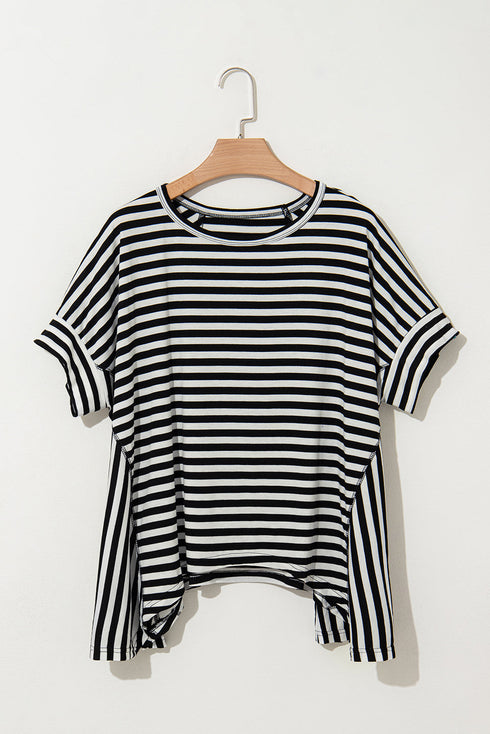 Batwing Sleeve Stripe Crewneck Oversized Cotton Top