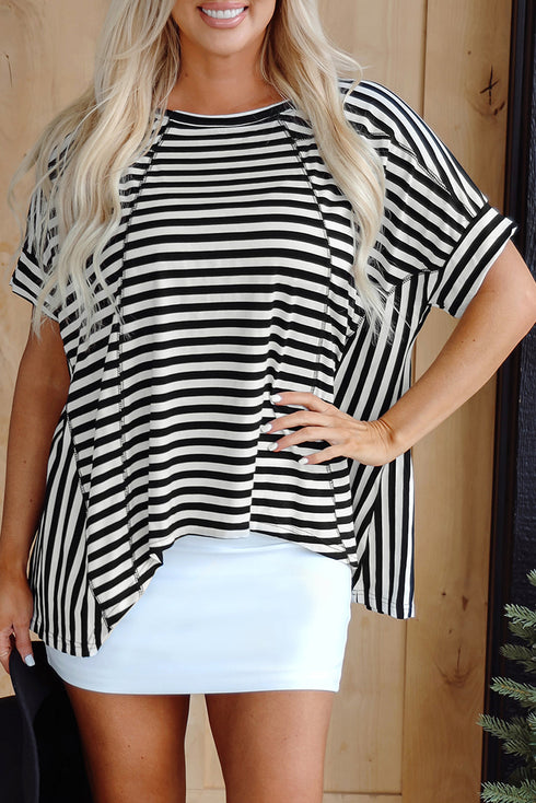 Batwing Sleeve Stripe Crewneck Oversized Cotton Top