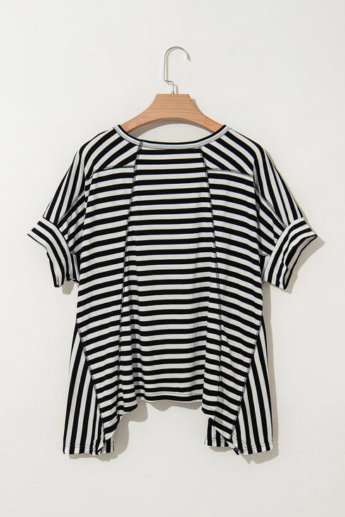 Batwing Sleeve Stripe Crewneck Oversized Cotton Top
