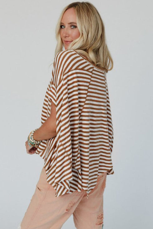 Batwing Sleeve Stripe Crewneck Oversized Cotton Top