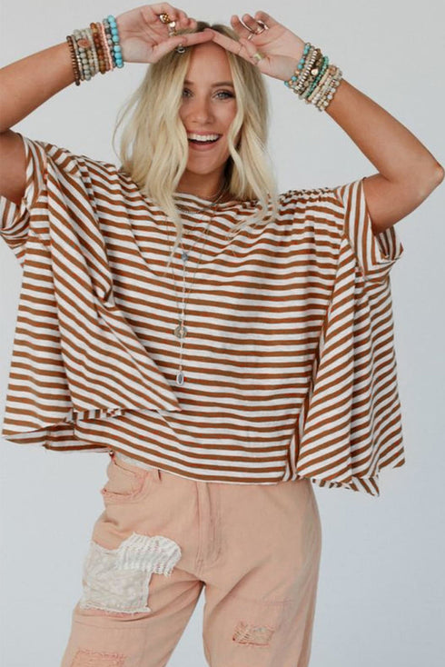 Batwing Sleeve Stripe Crewneck Oversized Cotton Top