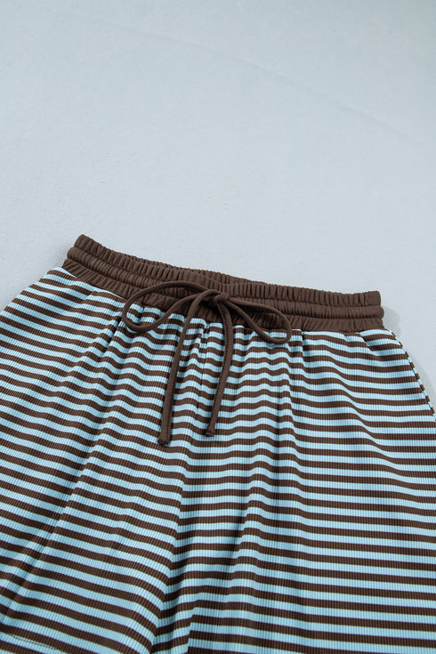 Striped Oversized Long Sleeve Top Drawstring Loose Shorts Two Piece Short Set