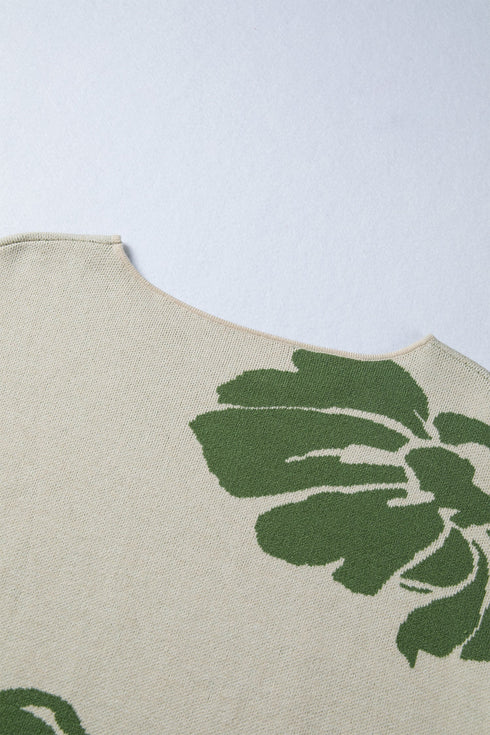 Abstract Botanical Print Boat Neck Knit Pullover Sweater