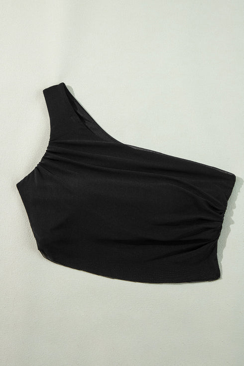 Asymmetrical Ruched Sheer Mesh Two Piece Set