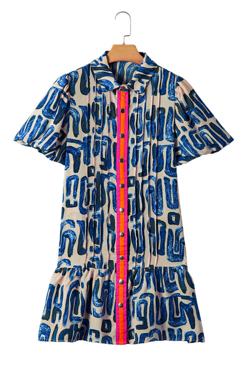 Abstract Print Bubble Sleeve Button up Mini Dress