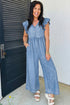 Ruffled Short Sleeve Button V Neck Wide Leg Denim Jumpsuit