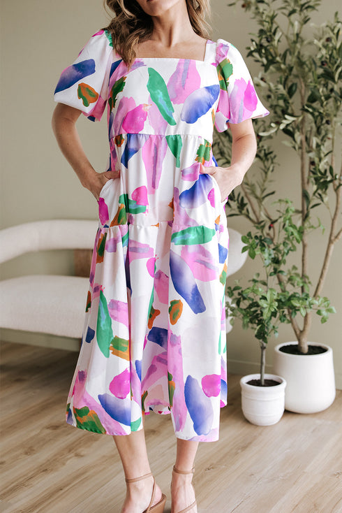 Abstract Brushstroke Square Neck Tiered Midi Dress