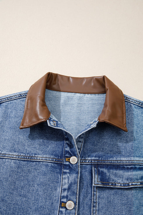Patchwork Leather Collar Long Sleeve Denim Jacket