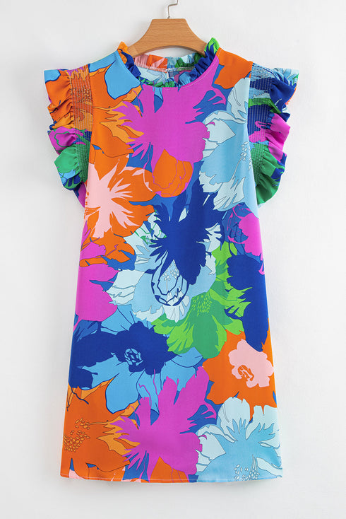Bohemian Ruffle Sleeve Shift Silhouette Pocketed Mini Floral Dress